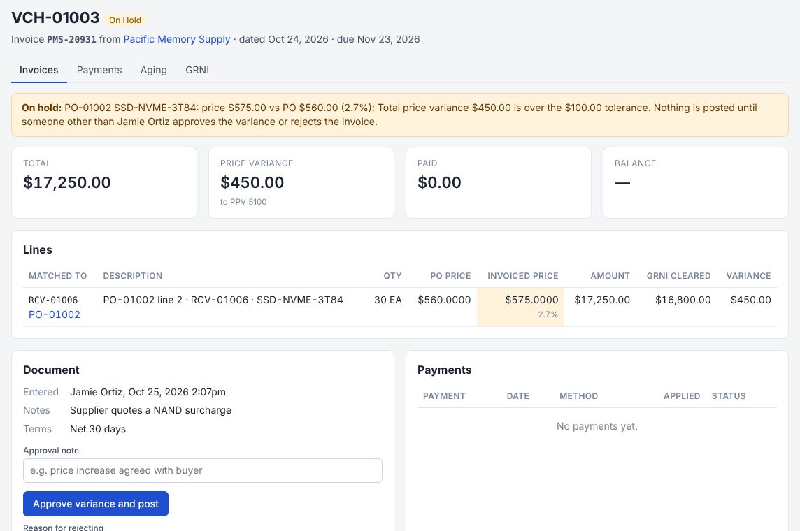 Supplier invoice VCH-01003 on hold: invoiced price $575 against PO price $560, a $450 variance over the $100 tolerance, waiting for approval by someone other than the clerk who entered it