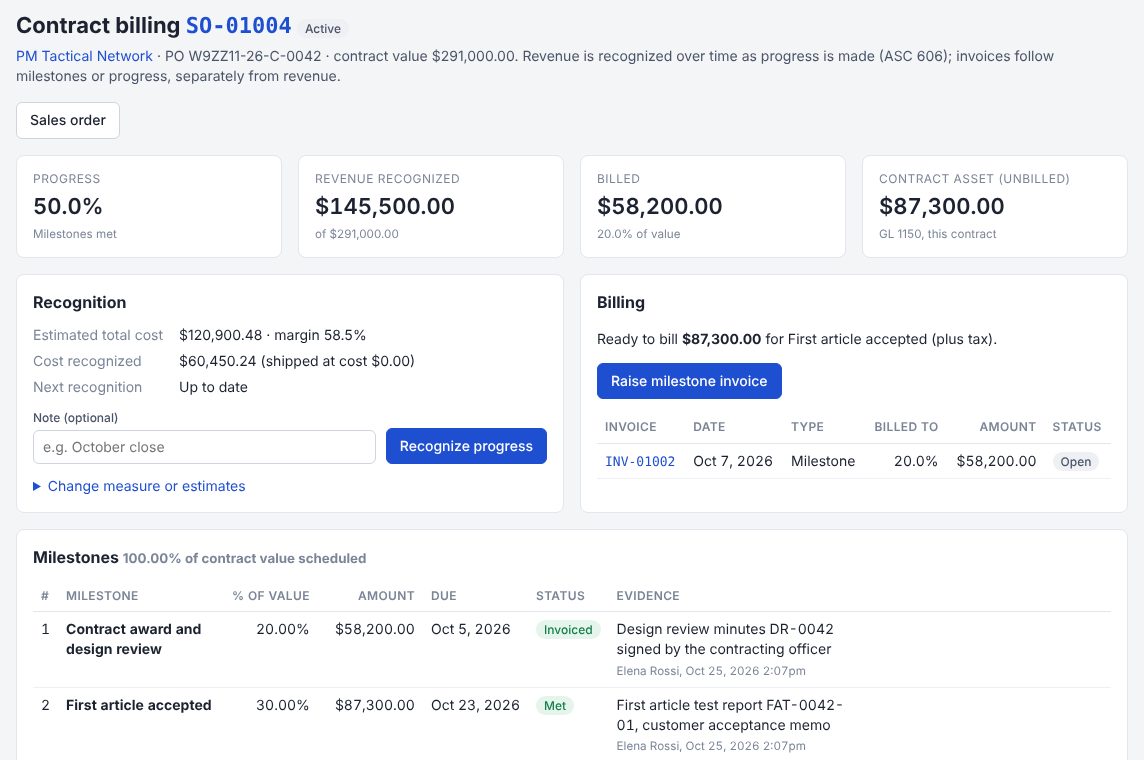 Contract billing for SO-01004: 50% progress, revenue recognized $145,500, billed $58,200, contract asset $87,300, with milestones, evidence and a milestone invoice ready to raise