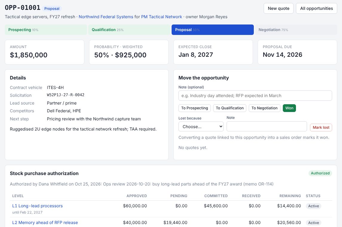 Opportunity OPP-01001 for $1.85M with a stock purchase authorization and two funding levels showing approved, pending, committed, received and remaining amounts