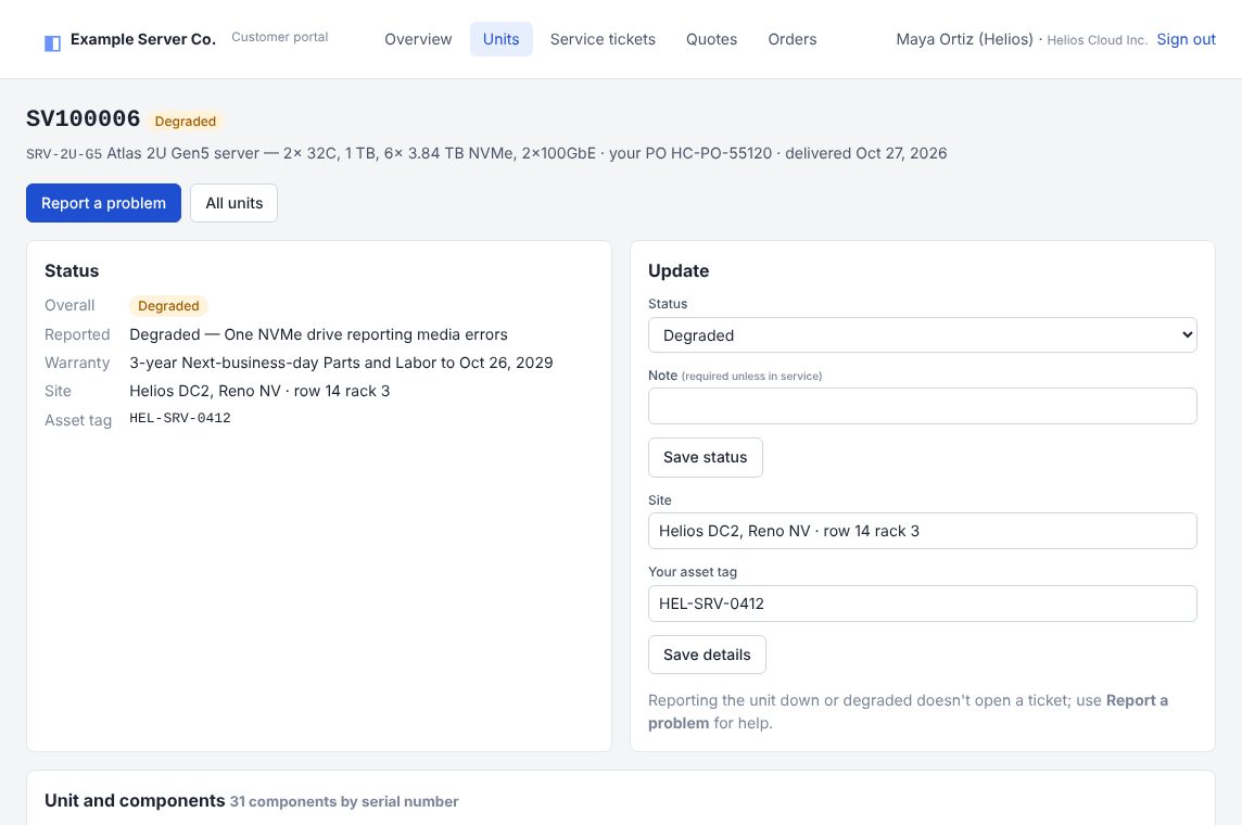 Customer portal page for server SV100006: overall status degraded with the customer's note, warranty to 2029, site and asset tag entered by the customer, and a form to update status and details