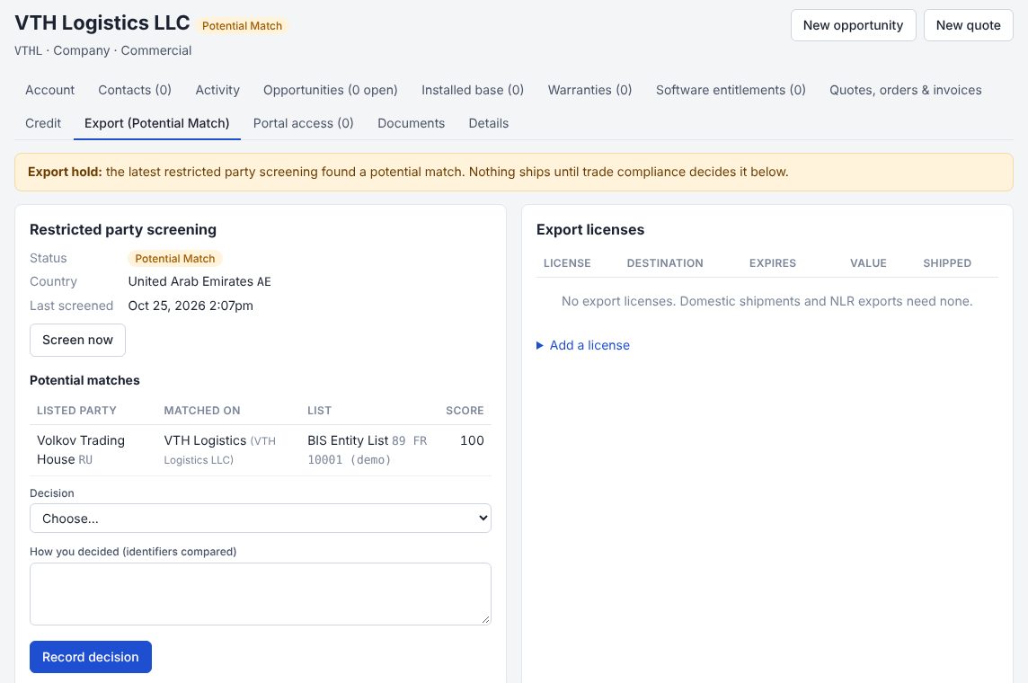 Customer VTH Logistics on export hold: matched to Volkov Trading House on the entity list through an alias, with the decision form for trade compliance