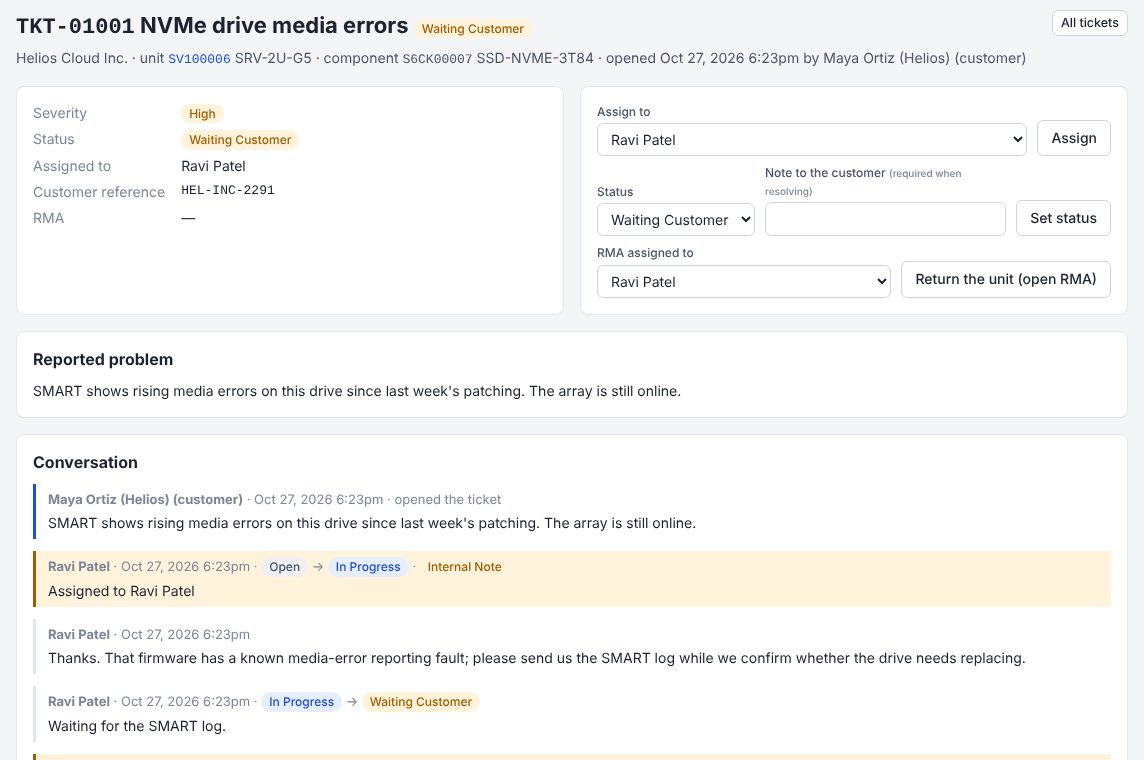Service ticket TKT-01001 on an NVMe drive inside server SV100006: high severity, waiting on the customer, assigned to Ravi Patel, with the conversation and two internal notes the customer can't see